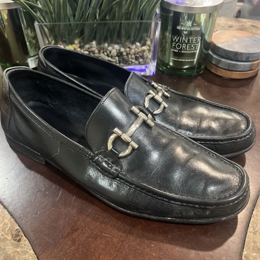 Salvatore Ferragamo Black Loafers Silver Horse Bit Shoe Size 11.5